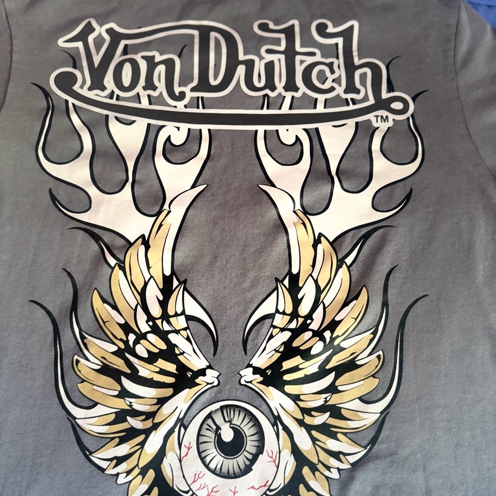 Von Dutch Gray Tee with Gold and Black Winged Eyeball Graphic